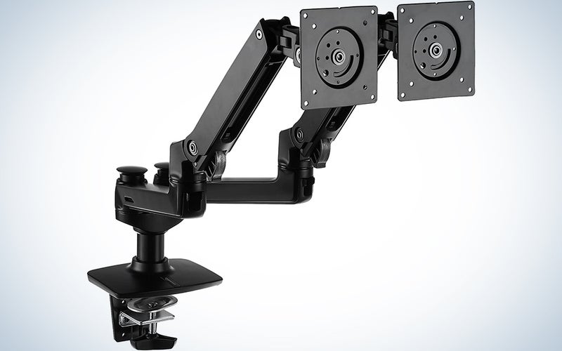 AmazonBasics Premium Dual Monitor Stand - Lift Engine Arm Mount, Aluminum