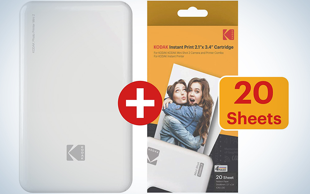 KODAK Mini 2 HD Wireless Portable Mobile Instant Photo Printer Compatible w/iOS & Android Devices (White) w/ 20 Pack Paper and Color Ink Cartridge Refill
