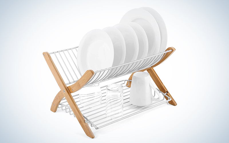 Umbra, Natural/Nickel Stack Folding Drying Dish Rack with Built in Flat Bottom Tray