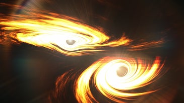 Artist’s impression of binary black holes about to collide.