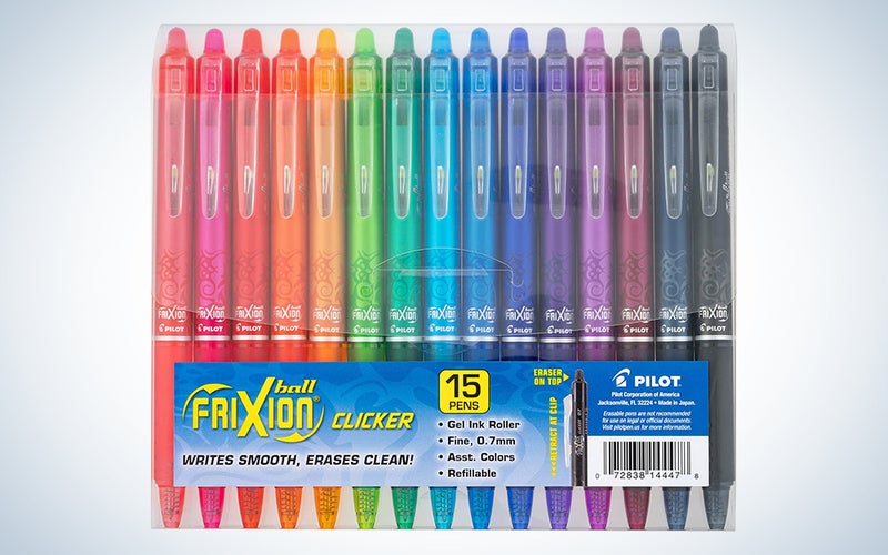 GPILOT FriXion Clicker Erasable, Refillable & Retractable Gel Ink Pens, Fine Point, Assorted Color Inks, 15-Pack Pouch