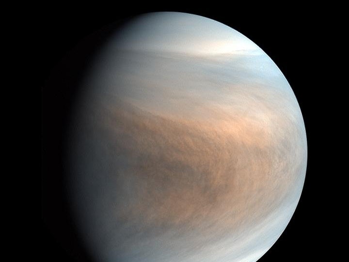 Synthesized false color image of Venus, using 283-nm and 365-nm band images taken by the Venus Ultraviolet Imager (UVI).