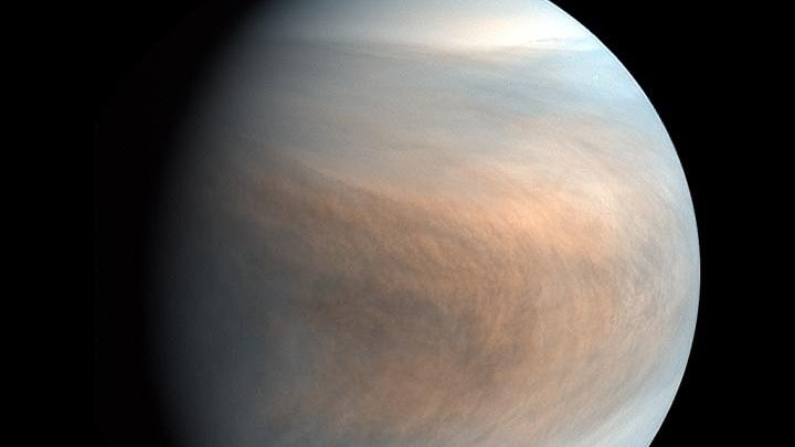 Synthesized false color image of Venus, using 283-nm and 365-nm band images taken by the Venus Ultraviolet Imager (UVI).