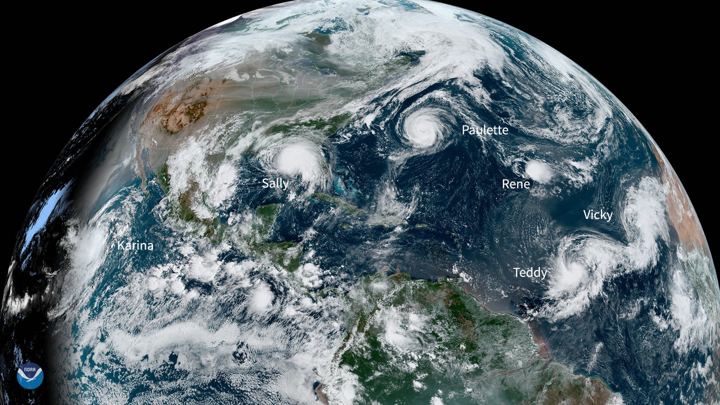 satellite image of five storm systems in Atlantic September 2020