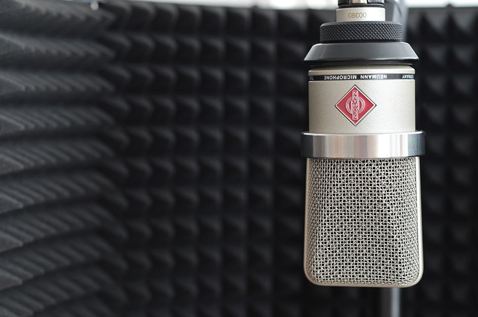 microphone in front of a vocal shield
