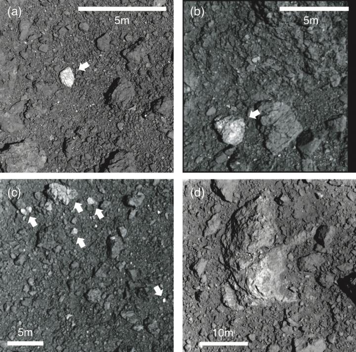 Hayabusa2 captures images of unusually bright S-type rocks that stand out from the darker C-type material that makes up the bulk of Ryugu.