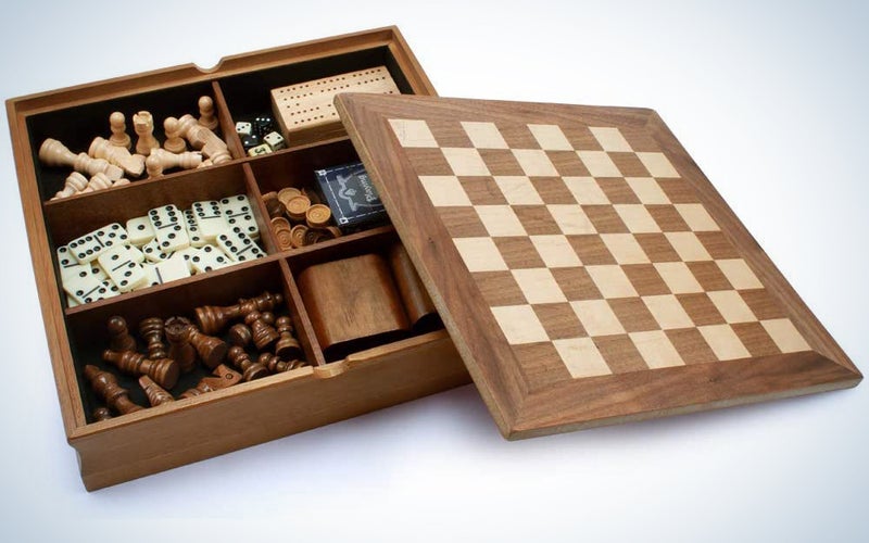 Wooden 7-in-1 Chess, Checkers, Backgammon, Playing Cards, Dominoes and Cribbage Board Game Combo Set