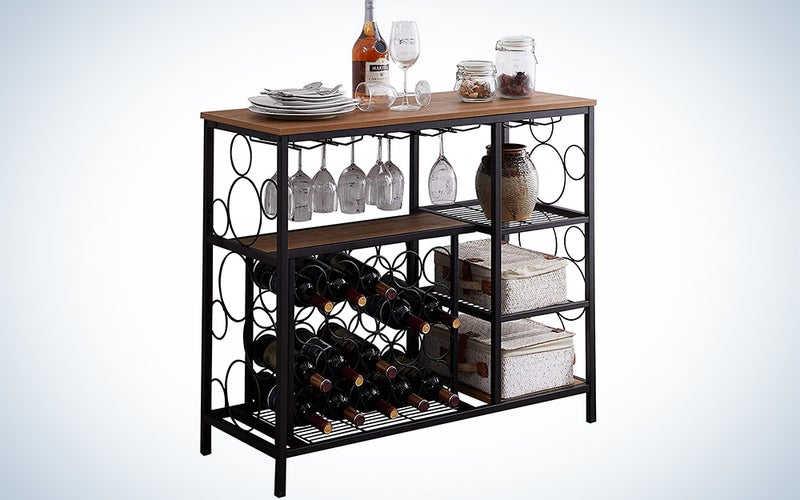 Hombazaar Industrial Wine Rack Table with Glass Holder and Wine Storage