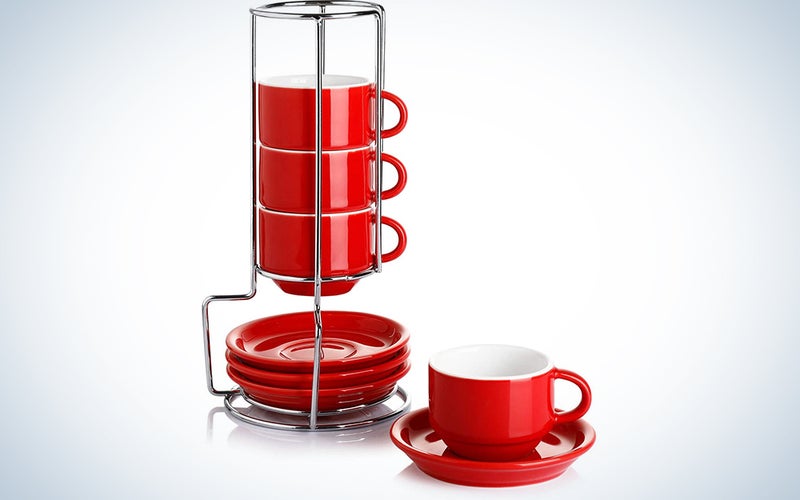 Sweese 405.104 Porcelain Stackable Espresso Cups with Saucers and Metal Stand