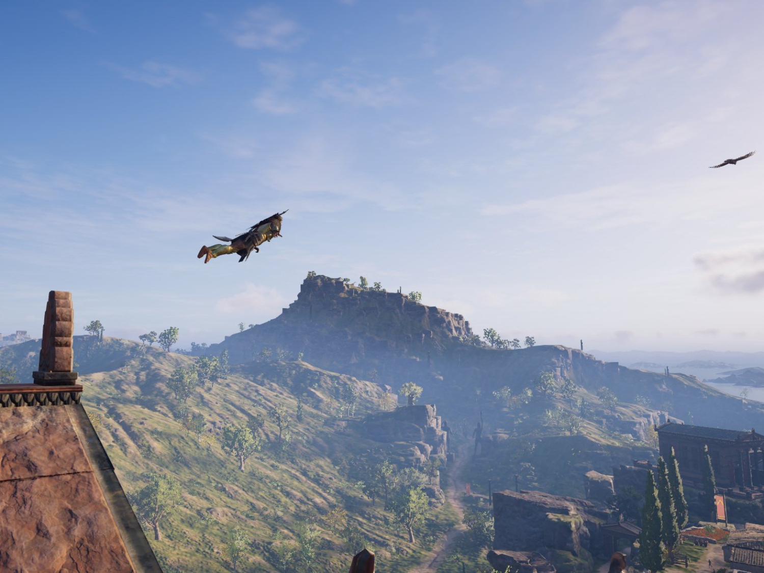 Kassandra taking a leap of faith from the Temple of Athena in Sparta in Assassin's Creed Odyssey