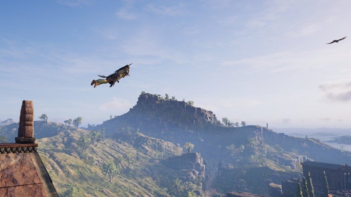 Kassandra taking a leap of faith from the Temple of Athena in Sparta in Assassin's Creed Odyssey