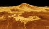 Lava flows extend for hundreds of kilometers across the fractured plains shown in the foreground, to the base of Maat Mons on Venus.