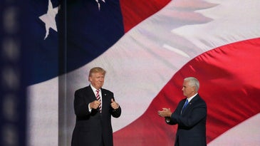 Donald Trump and Mile Pence in front of a giant american flag