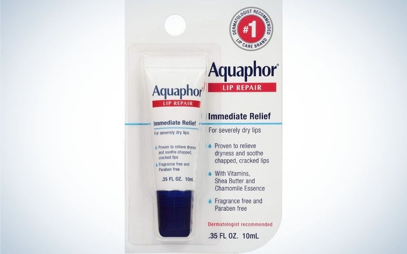 A translucent box with lip softener in it, written Aquaphor.