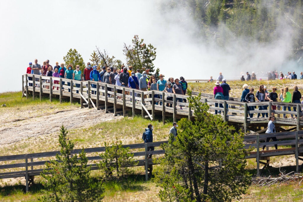 people crowded on walkways at geysers in yellowstone