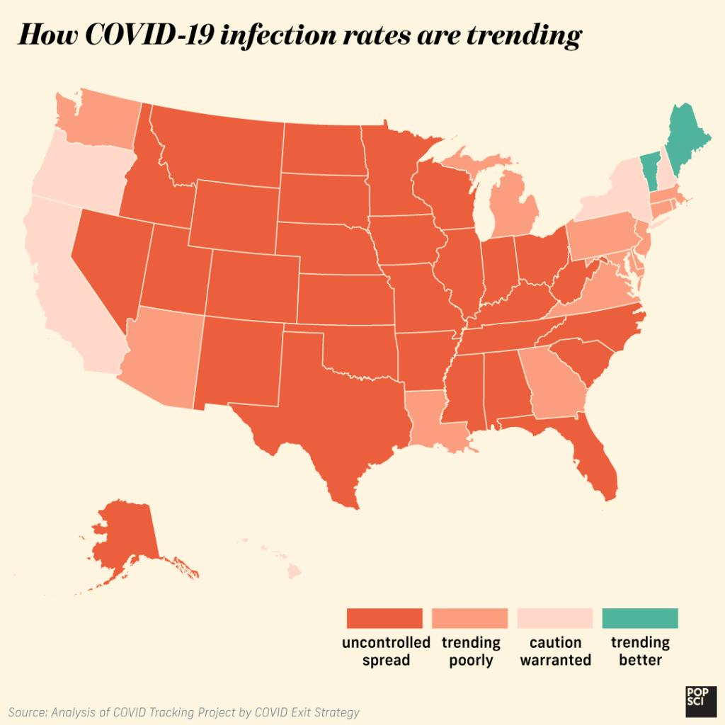 map showing how covid infection rates are trending across the US