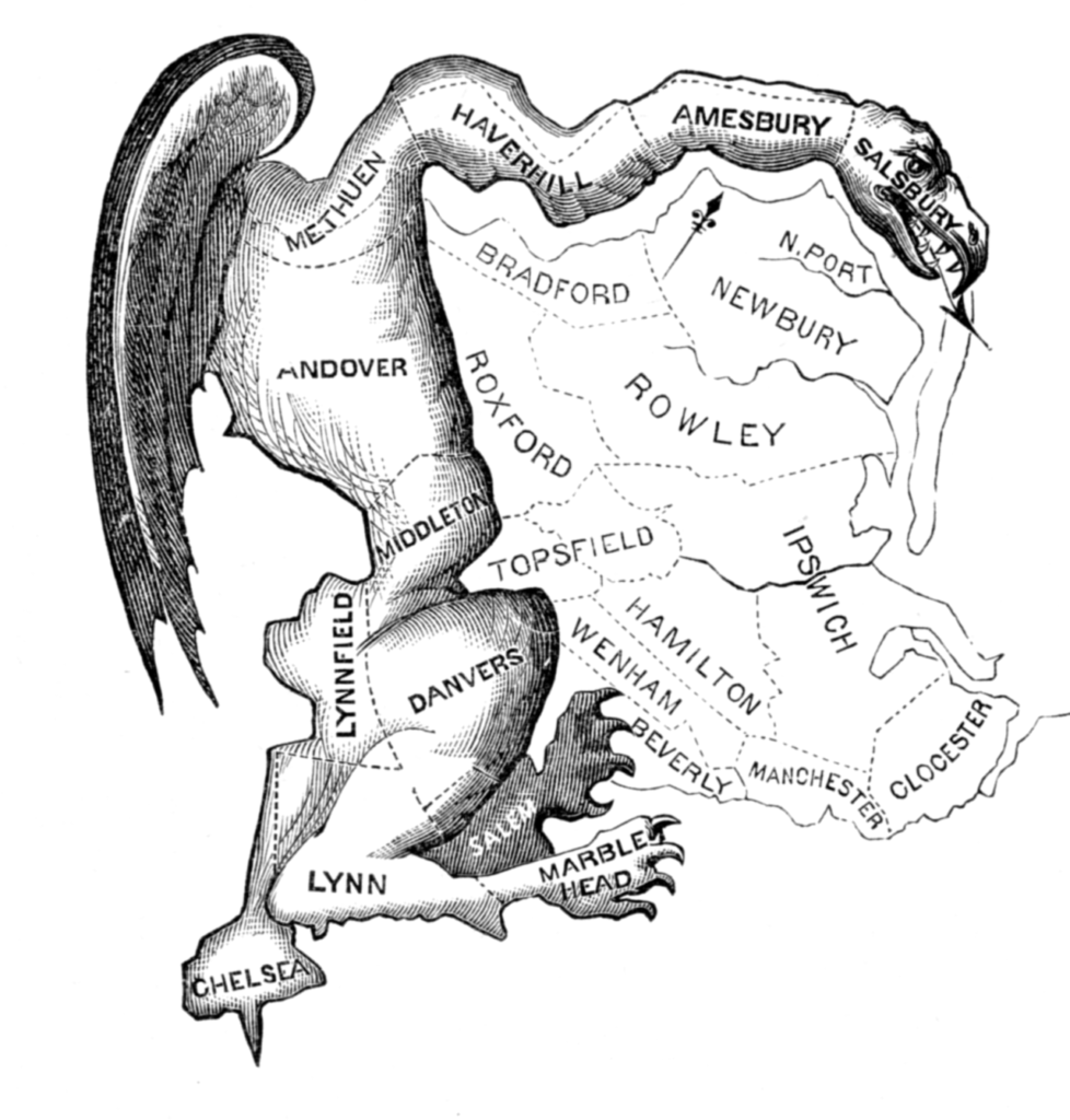 an old drawing of a gerry-mandered map that looks like a dragon