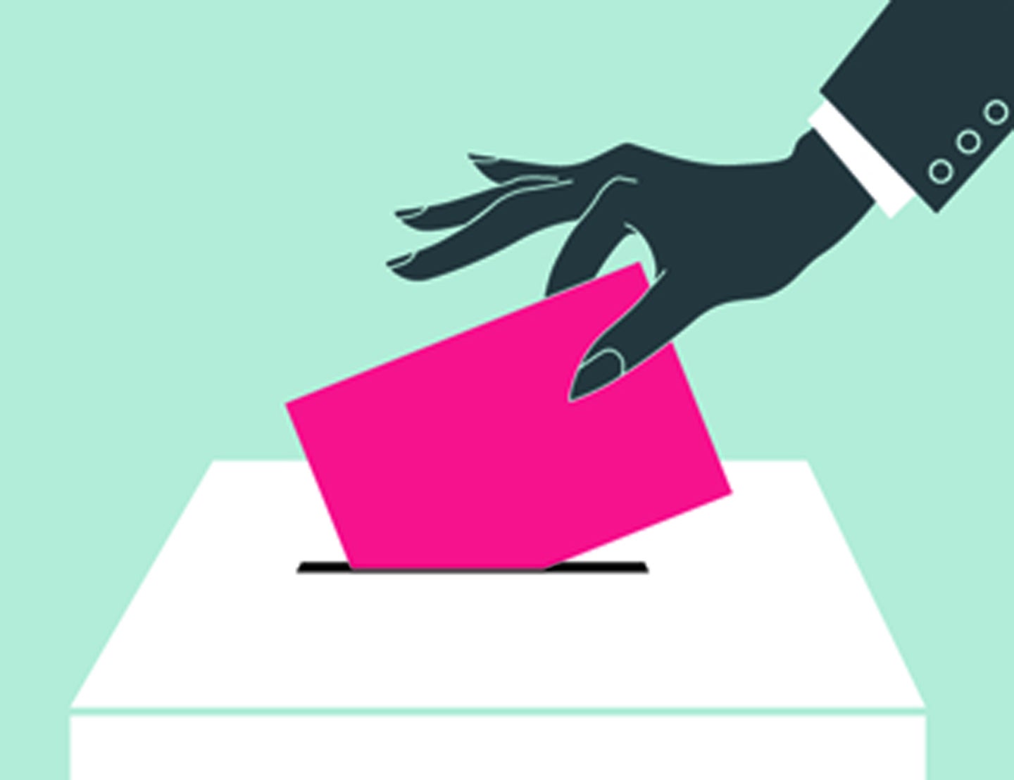 An illustration of a hand dropping a pink envelope into a box