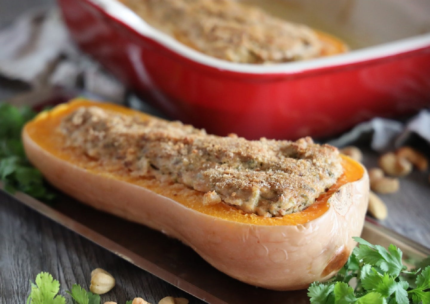 Roasted and stuffed butternut squash as an alternative to turkey at Thanksgiving dinner