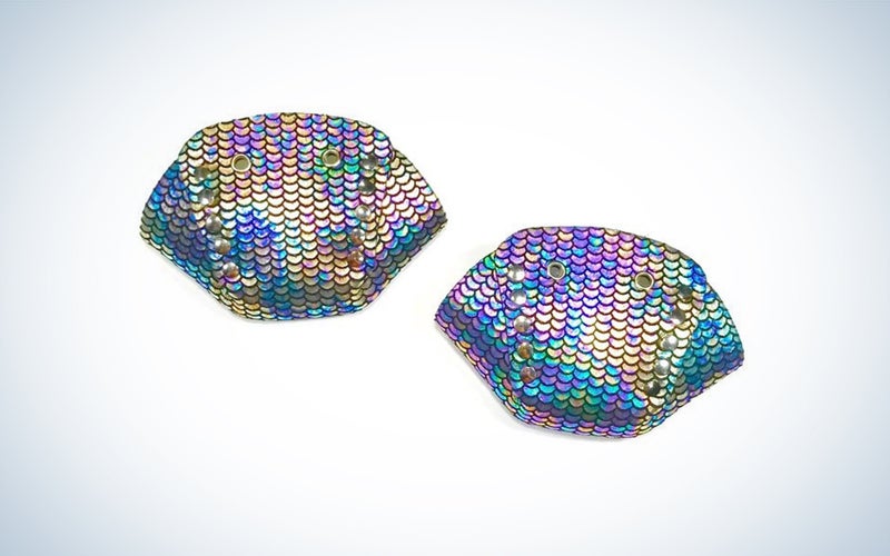 A pair of curved fabric toe-covers in holographic purple print