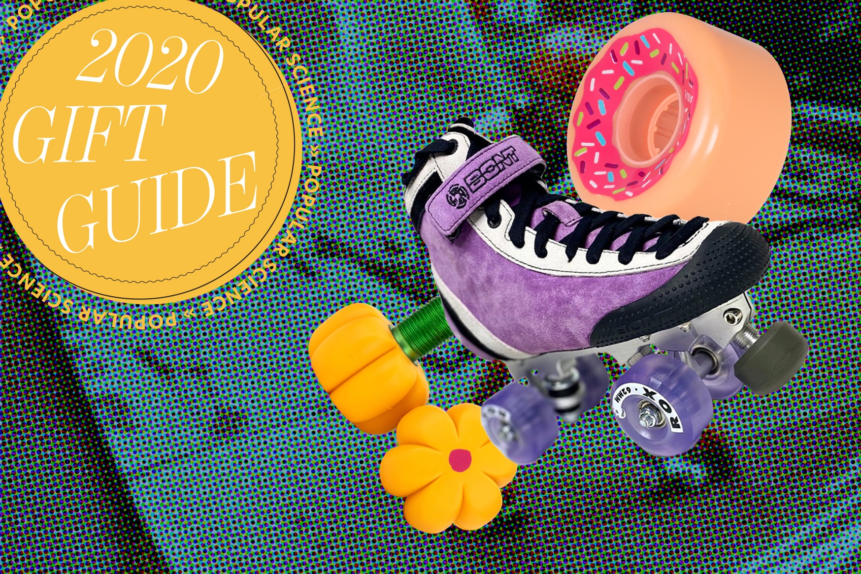 A skate, flower-shaped toe stops, and a wheel painted like a donut sit next to a logo that reads "2020 gift guide"