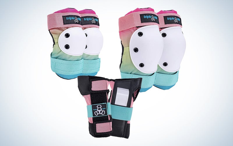 a set of protective pads in pastel rainbow colors