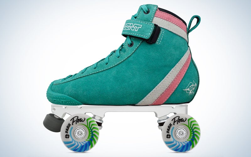 a teal, pink, and white suede skate