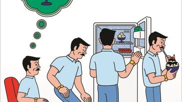An illustration of a mustached individual getting up from an arm chair and getting a bowl full of ice cream from the freezer