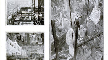 Black and white photos of workers at the Empire State Building site, who defied death by vaulting one-fifth of a mile up on ropes and girders