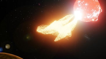 Artist's impression of flare from our neighboring star Proxima Centauri ejecting material onto a nearby planet.