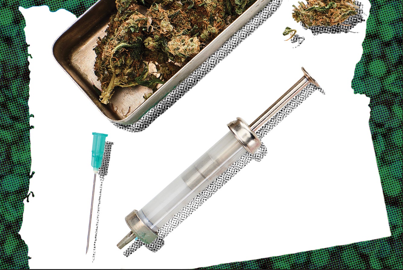 a needle and a pile of cannabis on a white and green background