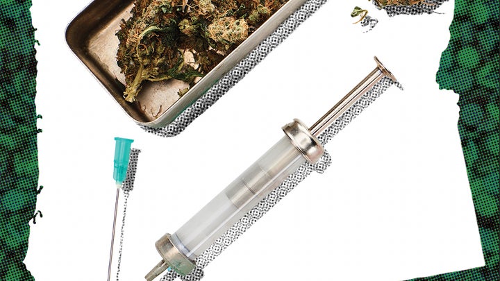 a needle and a pile of cannabis on a white and green background