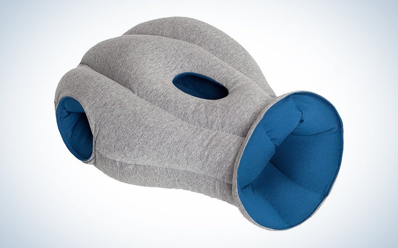 An ostrich pillow original on a blue and white background