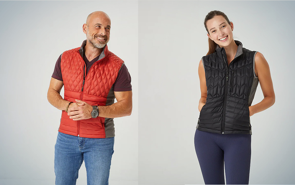 A men's and women's Pyvot weighted vest on a blue and white background