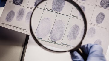 A gloved hand holding a magnifying glass and looking at fingerprints