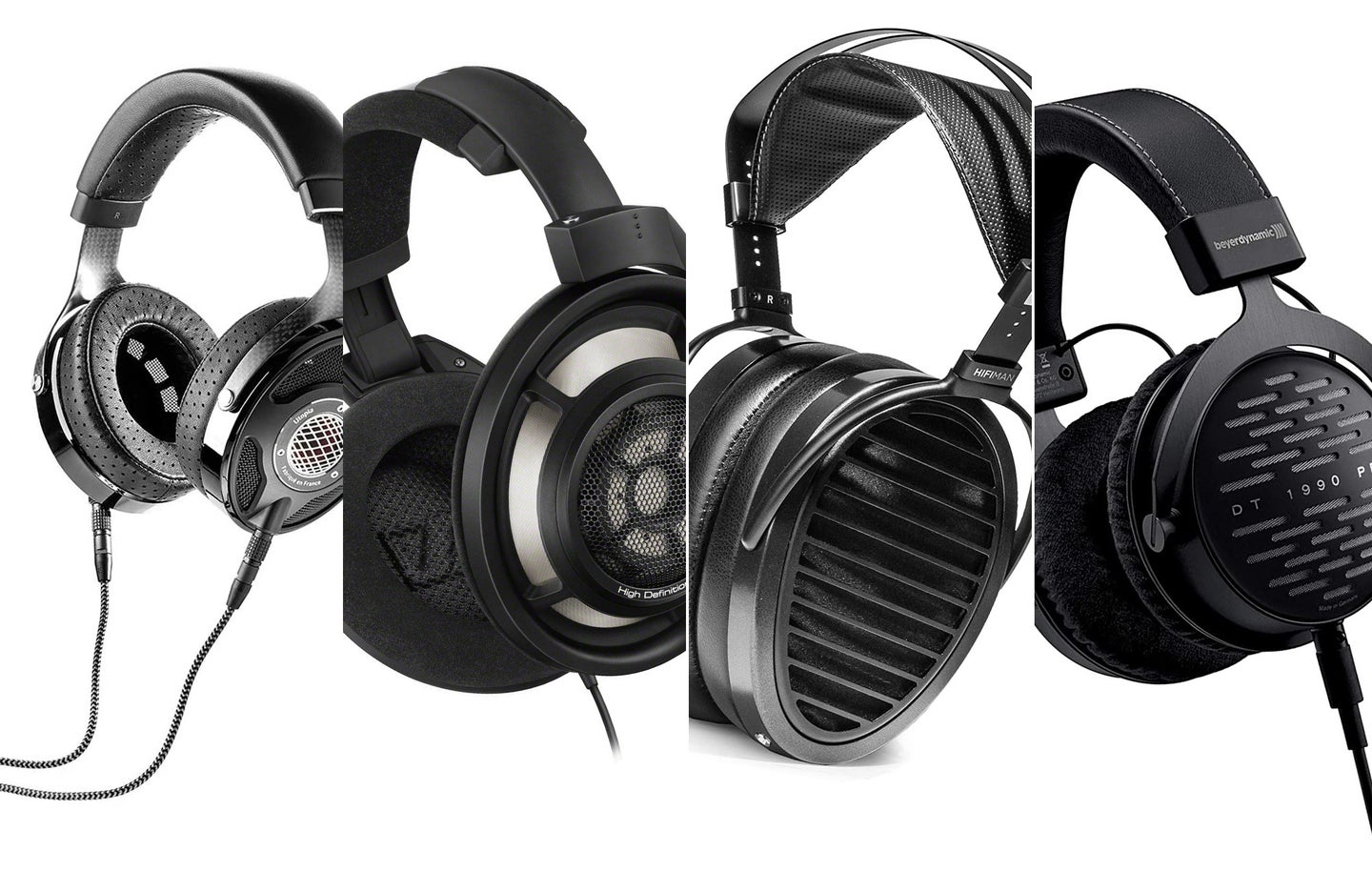 a line-up of headphones on a white background