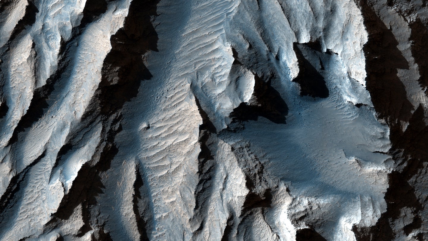 A close-up view of Tithonium Chasma, which is feature of Valles Marineris, the solar system's largest canyon.