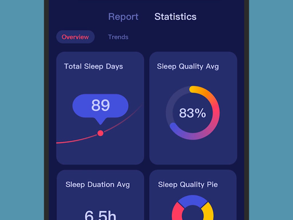 The Sleep Theory phone app showing sleep statistics, such as average sleep quality.
