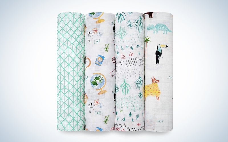 aden + anais Swaddle Blanket, Boutique Muslin Blankets for Girls & Boys, Baby Receiving Swaddles, Ideal Newborn & Infant Swaddling Set, 4 Pack, Around The World