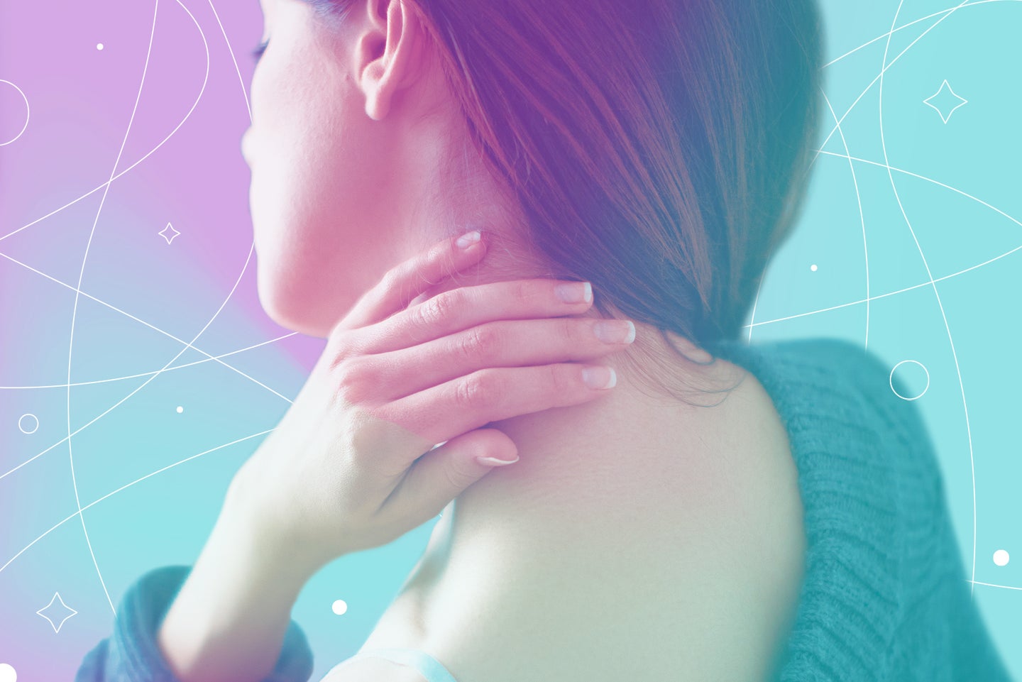 A woman rubs her neck with her fingers in front of a pink and blue background
