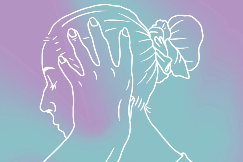 a blue and purple drawing of a woman pressing her fingers against the sides of her head