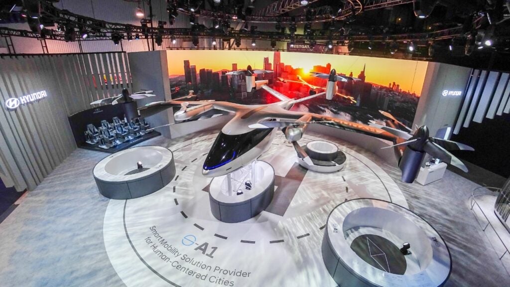 A Hyundai air taxi on the floor of CES in 2020.