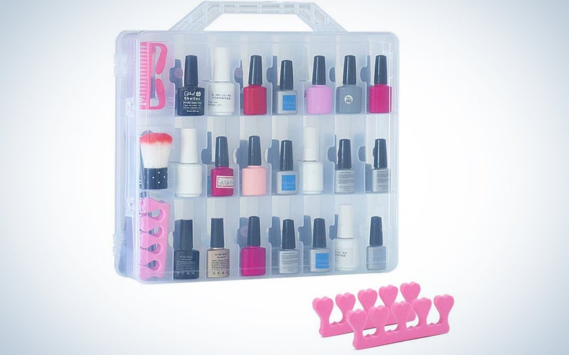 48 Bottles Universal Clear Gel Nail Polish Organizer Case Holder for Double Side Adjustable Space Divider for Acrylic Nail Polygel Gel Dip Powder Tips Set with Two Toe Separator