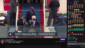 Live inauguration coverage on Twitch with emojis in the chat.