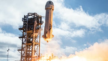 Blue Origin’s New Shephard rocket lifts off.
