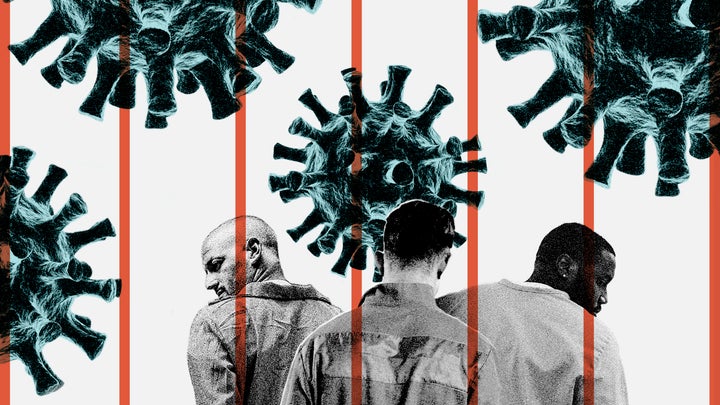 Three people in prison jumpsuits behind orange bars and the SARS-CoV-2 virus illustrations superimposed in four spots