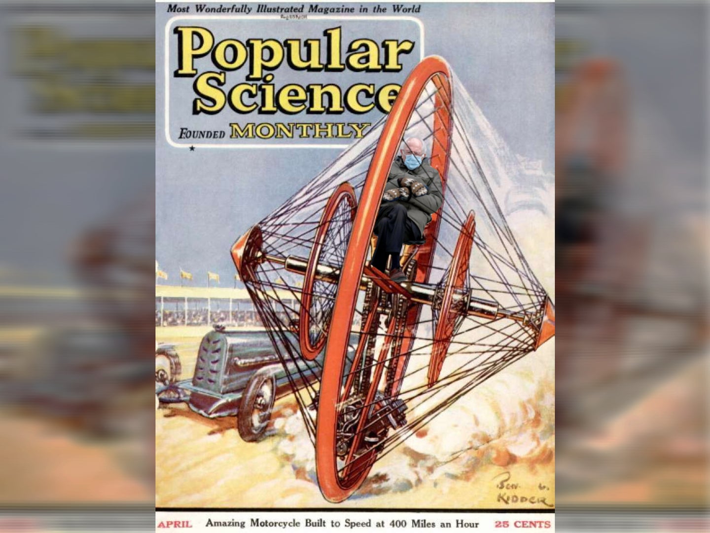 US Senator Bernie Sanders edited into a vintage Popular Science magazine cover to look like he's driving an experimental single-wheel motorcycle.