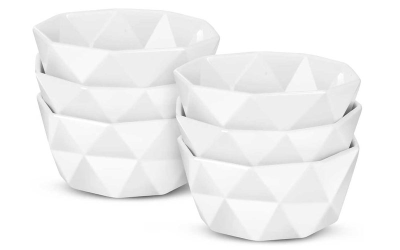Delling Geometric 8 Oz Porcelain Ramekins/Dessert Bowls,Durable Creme Brulee Dishes Ramekin for Baking, Dessert, Ice Cream, Snack, Souffle - Ramekins Oven Safe -White Ceramic Small Bowl Set of 6