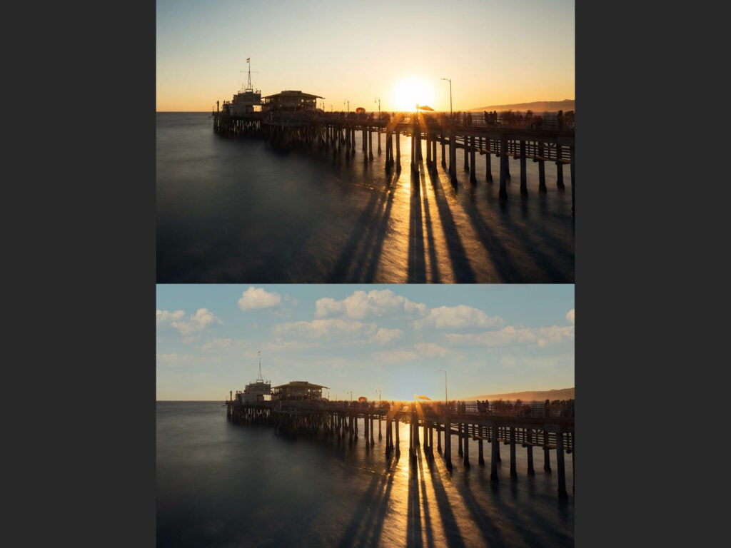 Side by side photo of a pier with bad edits on one of them