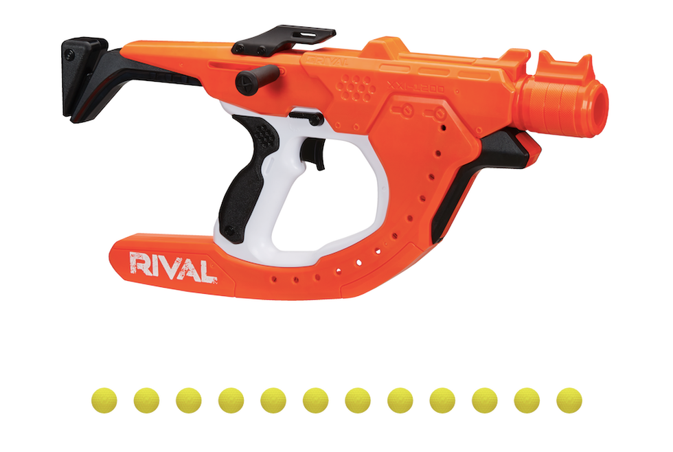 Nerf's Rival blaster can shoot curved shots with small yellow balls.